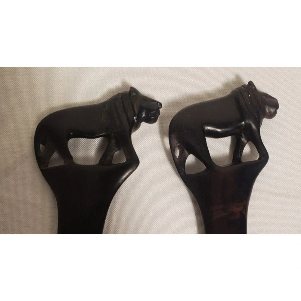 Hand Carved Wood Lion Handled Salad Servers Fork/‎ Spoon - Picture 3 of 5